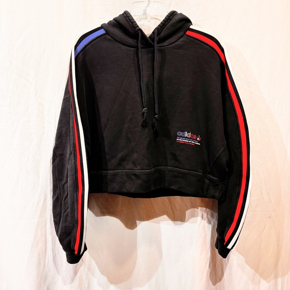 Adidas Cropped Hoodie Sweatshirt Women’s Black Stripe Red White Blue USA Medium